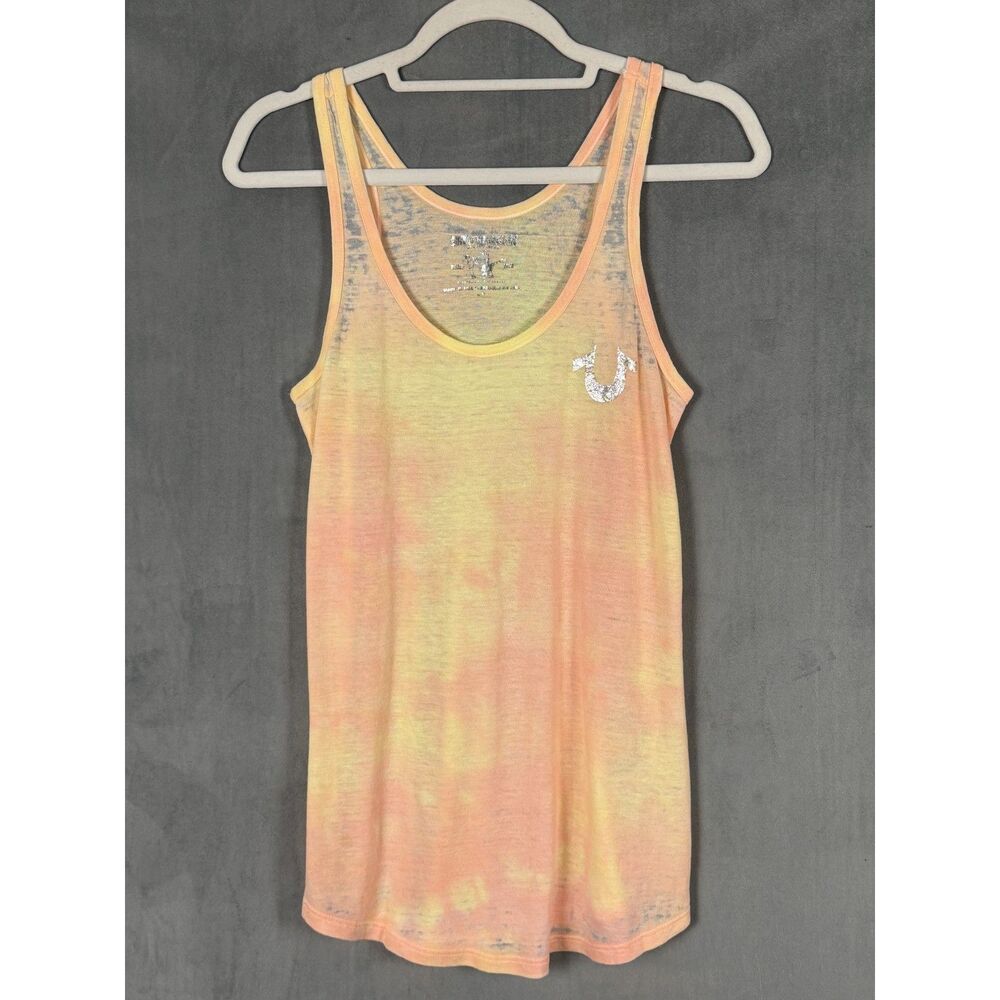 True Religion Tie Dye Tank Top Semi Sheer Racerback Orange Yellow Size S